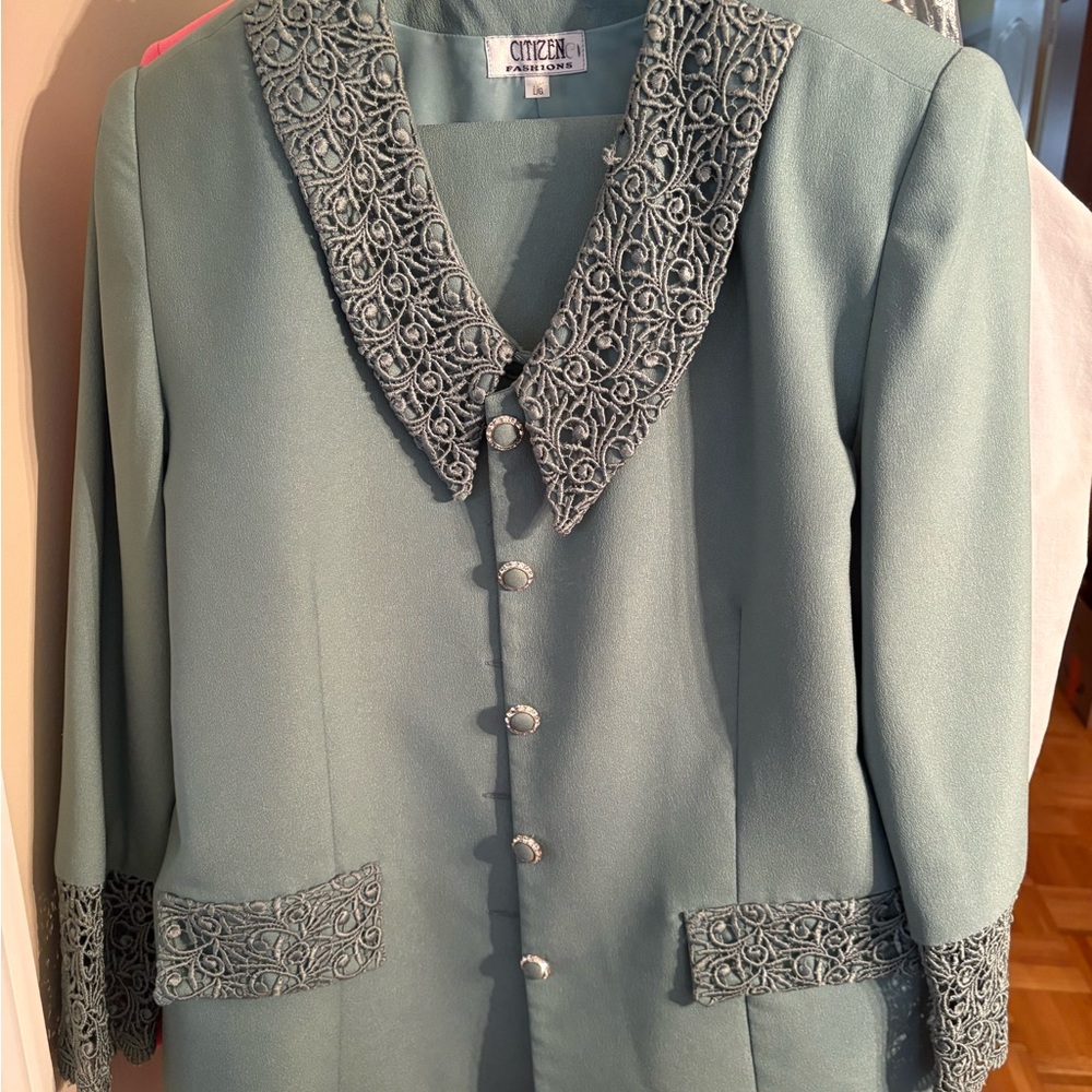 Citizen Sage Green Embroidered Collar Blazer & matching skirt